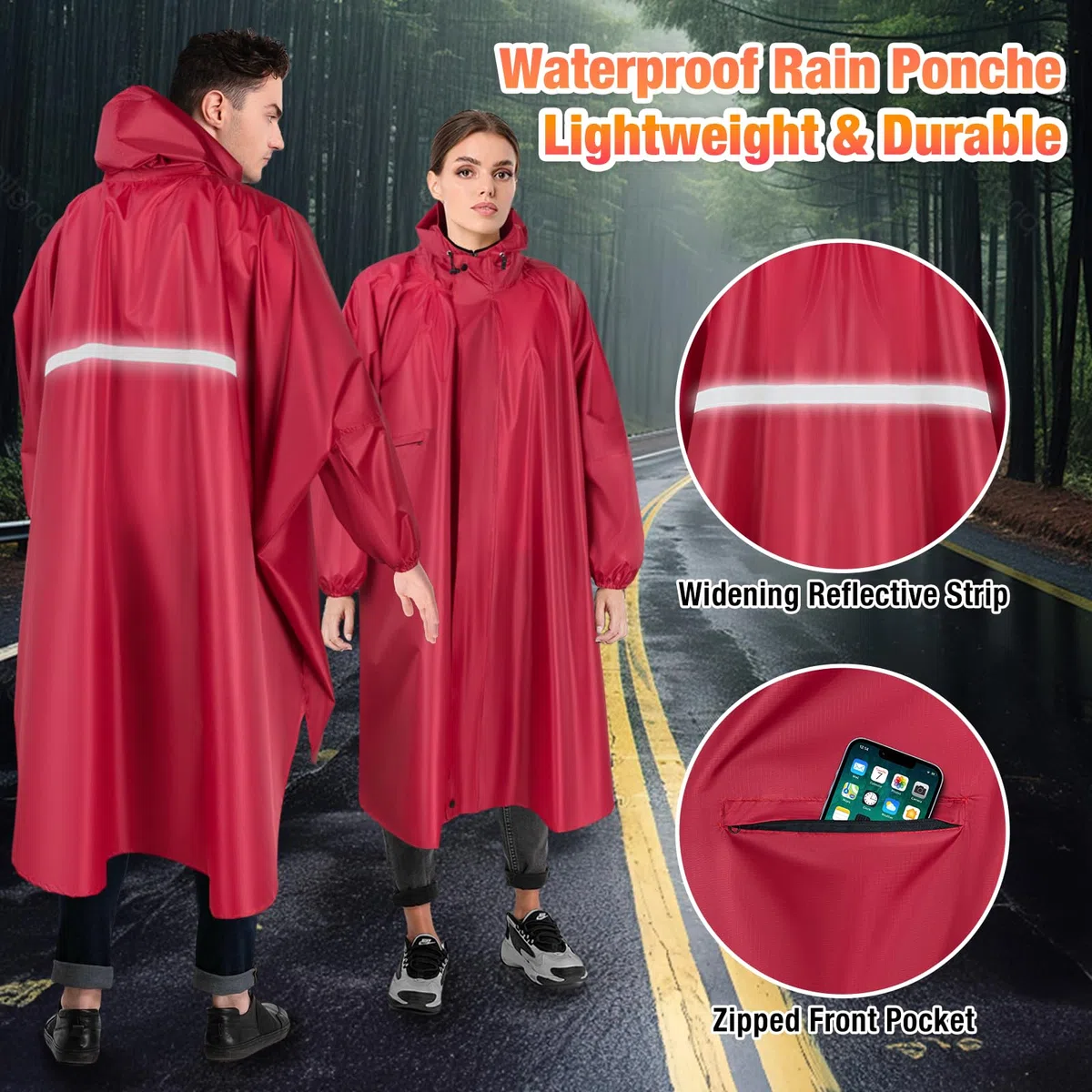 LUROON Poncho Antipioggia Impermeabile Donna Uomo con Maniche e Tasca, Riutilizzabili Mantella Antipioggia, Impermeabile Portatile con Cappuccio Strisce Riflettenti per Adulto Per Escursionismo Viaggi