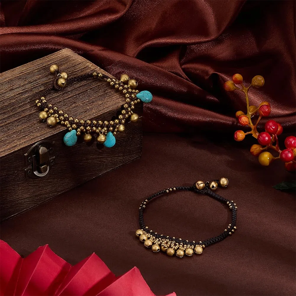 PH PandaHall Bracciali Caviglia Bohemien 2 pz Cavigliere Campana Cavigliere Indiane Oro Turchese Goccia per Caviglie per Donne Adulti Estate Spiaggia Gioielli, 24cm