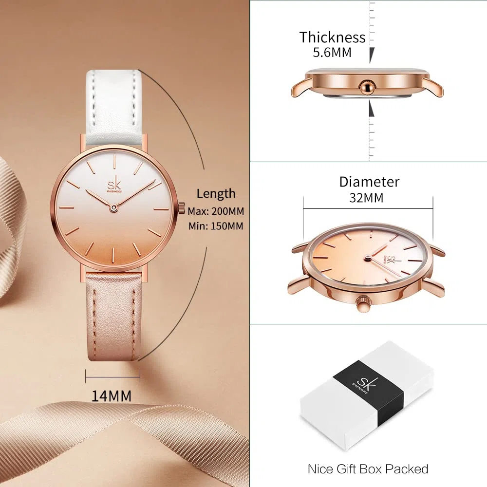 SHENGKE SK - Orologio da donna ultra sottile minialista, con cinturino in pelle, con due mani