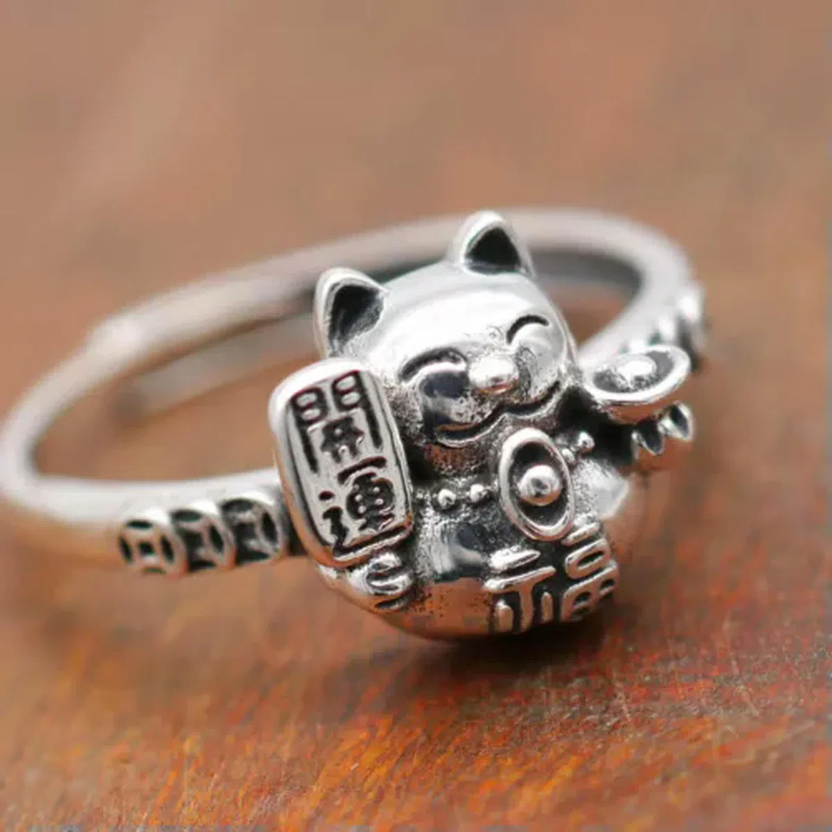 1PC Anello Regolabile Maneki-Neko con Gatto della Fortuna in Argento Antico-8