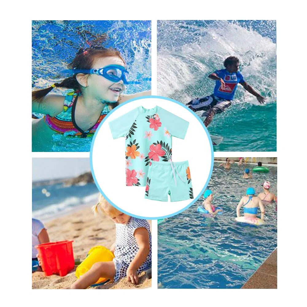 Ragazze Sunwear - Bambina Bambini Junior Maniche Corte Due Pezzi Costumi Bagno da Maglietta e Pantaloncini Rash Guard Anti UV UPF 50+ Set Spiaggia