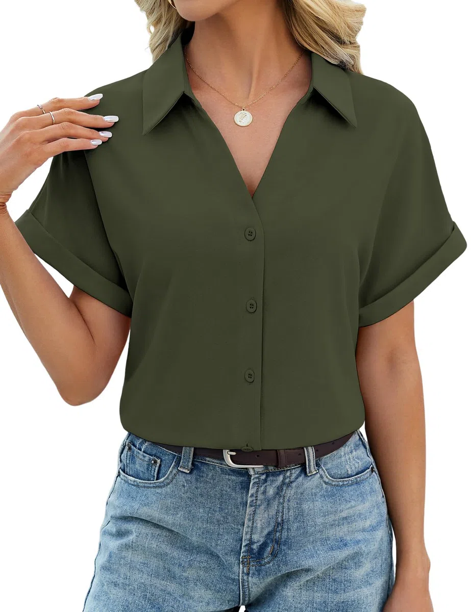 HEEKPEK Camicia Donna Estiva Camicetta Manica Corta Elegante Blusa Scollo a V Top Maniche a Pipistrello con Bottoni Maglietta Classico Tinta Unita Moda Casual Lavoro Shirt