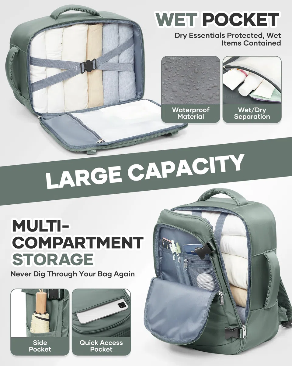 Zaino da Viaggio 40x30x20 Vueling Zaini Impermeabile Aereo Ryanair 40x20x30 Wizzair Zaino per Bagaglio sotto sedile - Verde
