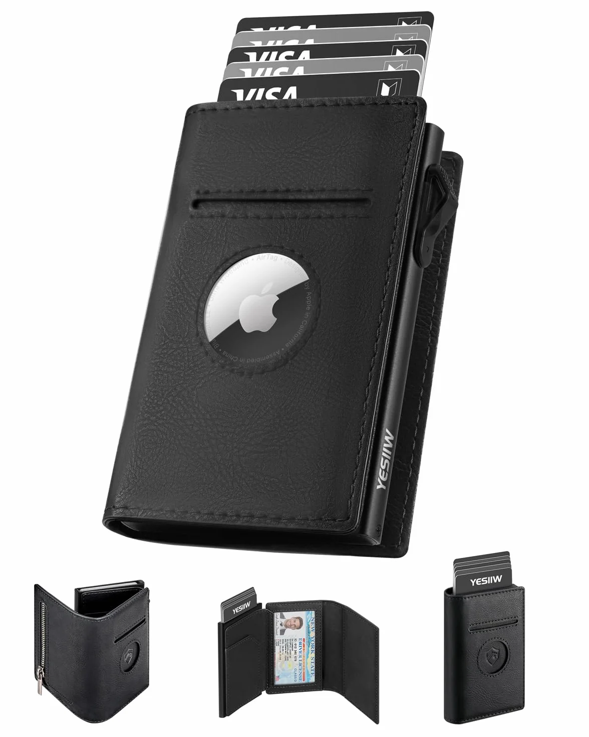 YESIIW AirTag Portafoglio da Uomo per Apple Air Tag, con Blocco RFID, Portafoglio Uomo Pelle, con Porta Carte di Credito Pop-up con Tasca per Monete per Soldi, Apple Airtag 2 Generazione & 1 (Nero)