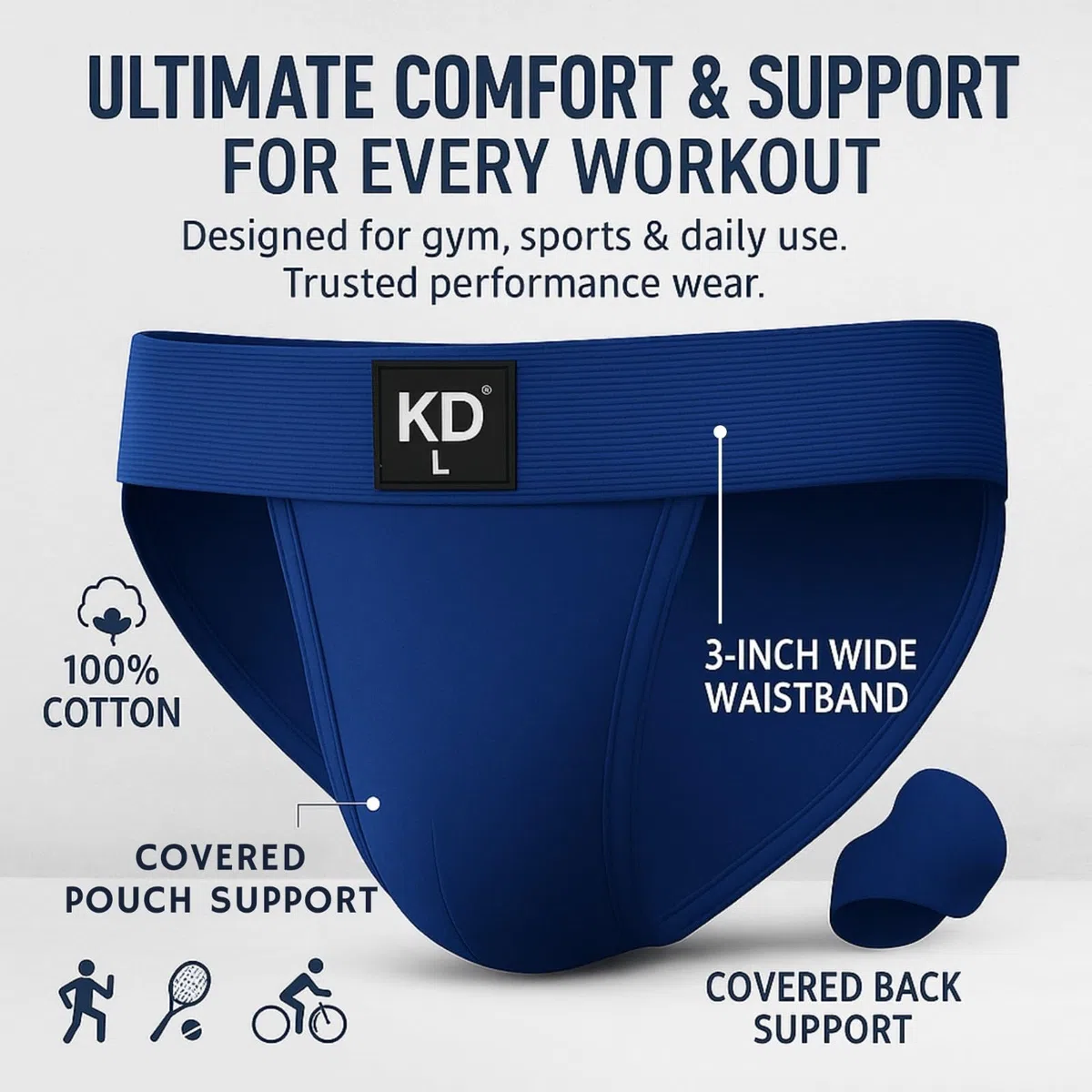 KD Willmax Regent Gym Jockstrap - Sospensorio da uomo, in cotone, con cintura morbida, copertura posteriore completa, vestibilità sportiva