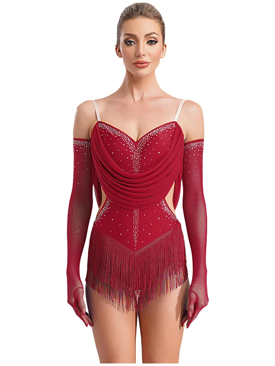 Freebily Abito da Ballo Latino Americano Donna con Nappe Strass Body Danza Classica Moderna con Guanti Balletto Leotards Costume da Danza Samba Rumba Salsa Sala da Ballo