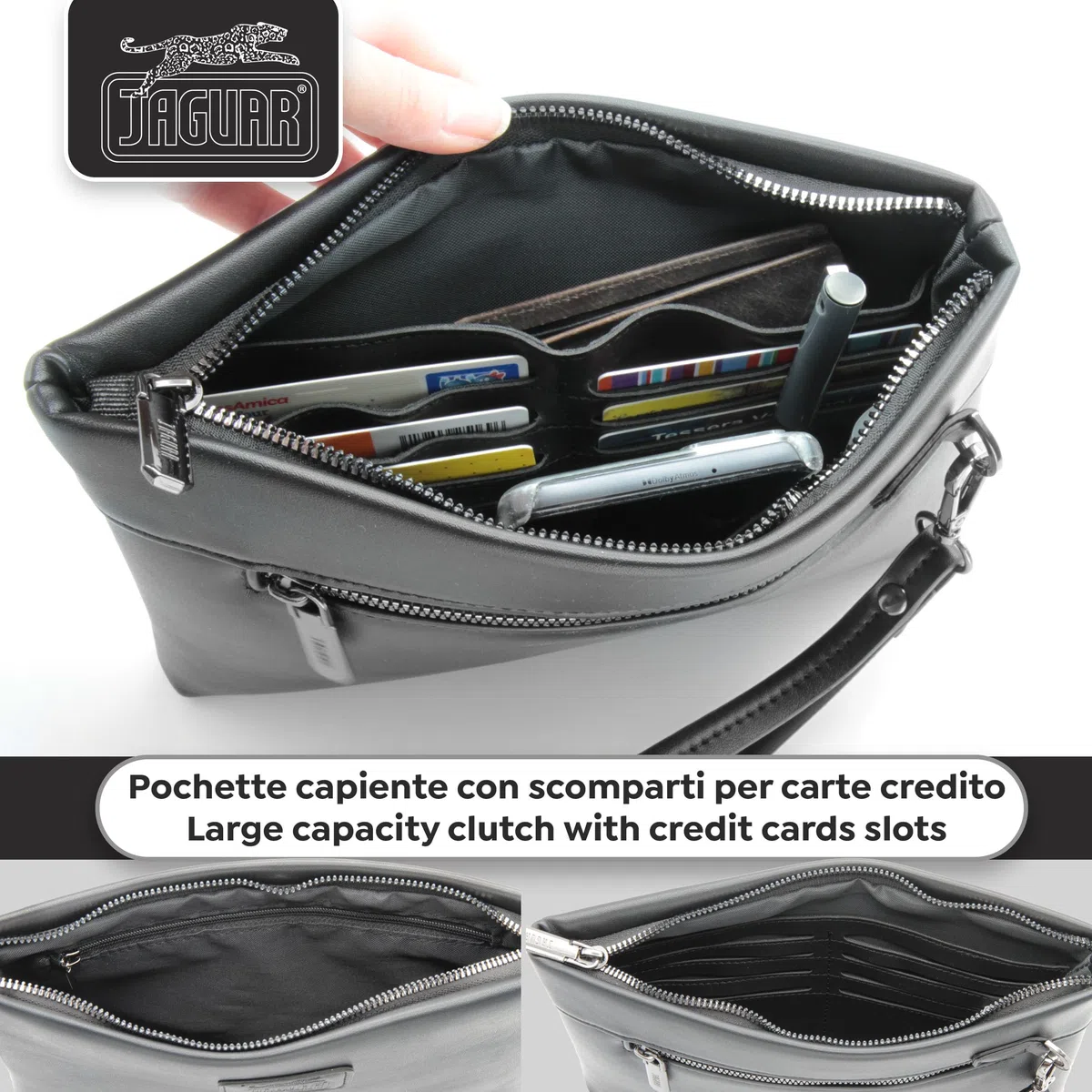 JAGUAR - Pochette Borsello Uomo a Mano in EcoPelle, Borsellino Uomo Portadocumenti con Scomparti, per Riporre Telefono, Documenti, Portafoglio, Carte e Chiavi Senza la Scomodità di Tenerli in Tasca
