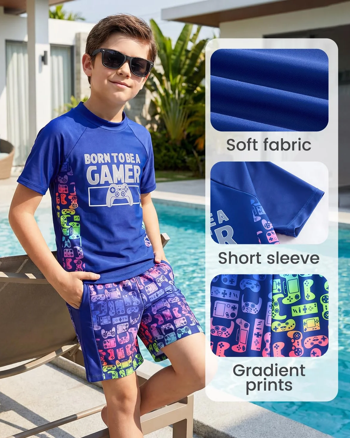 JiAmy Costume da bagno da gioco per ragazzi, set da 2 pezzi, con maglietta a maniche corte e costume da bagno con pantaloncini da bagno ad asciugatura rapida, protezione dai raggi UV, per bambini dai