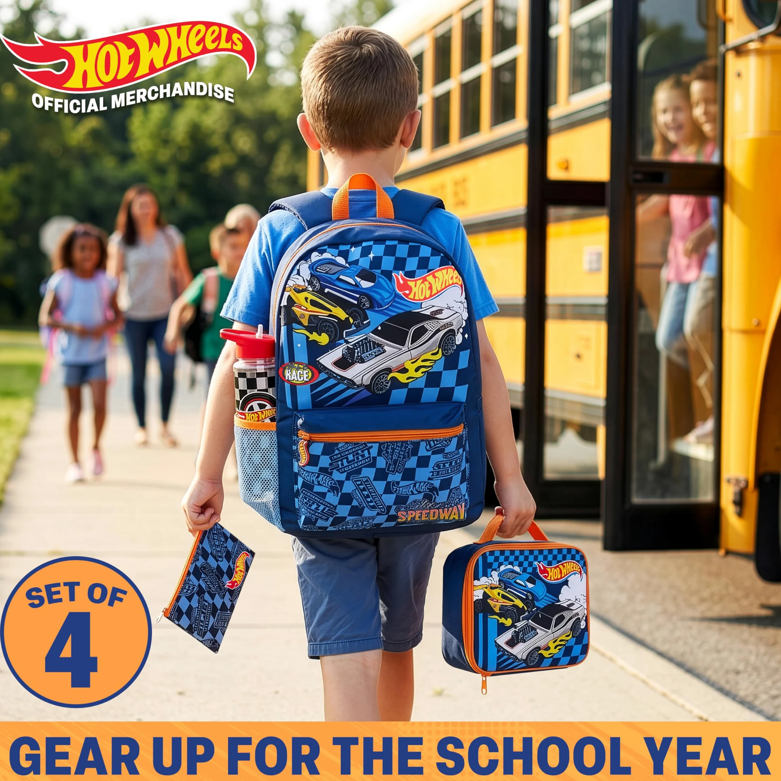 Get Trend Hot Wheels 4 Pezzi Zaino Ragazzo Set per Scuola con Borsa Termica Porta Pranzo, Borraccia 500 ml Senza BPA e Astuccio (Multi Hot Wheels)