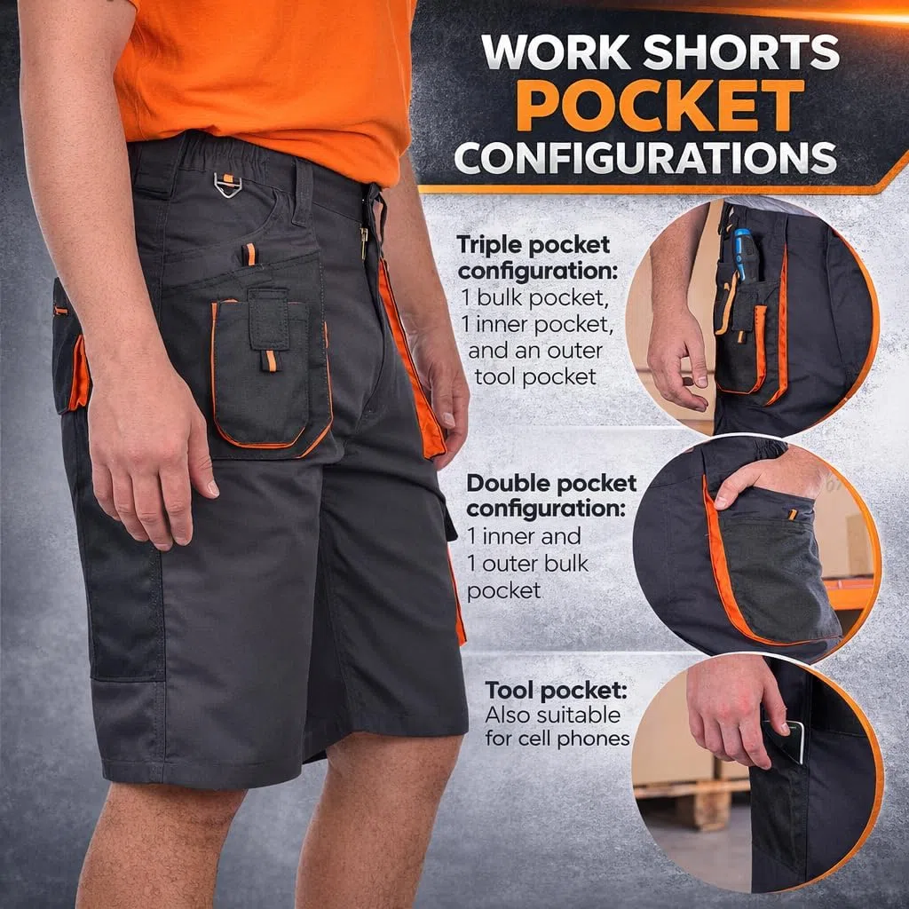BWOLF Atlas – Pantaloncini da Lavoro Uomo Resistenti con Tasche Multiple | Tessuto Rinforzato 600D | Grigio/Arancione