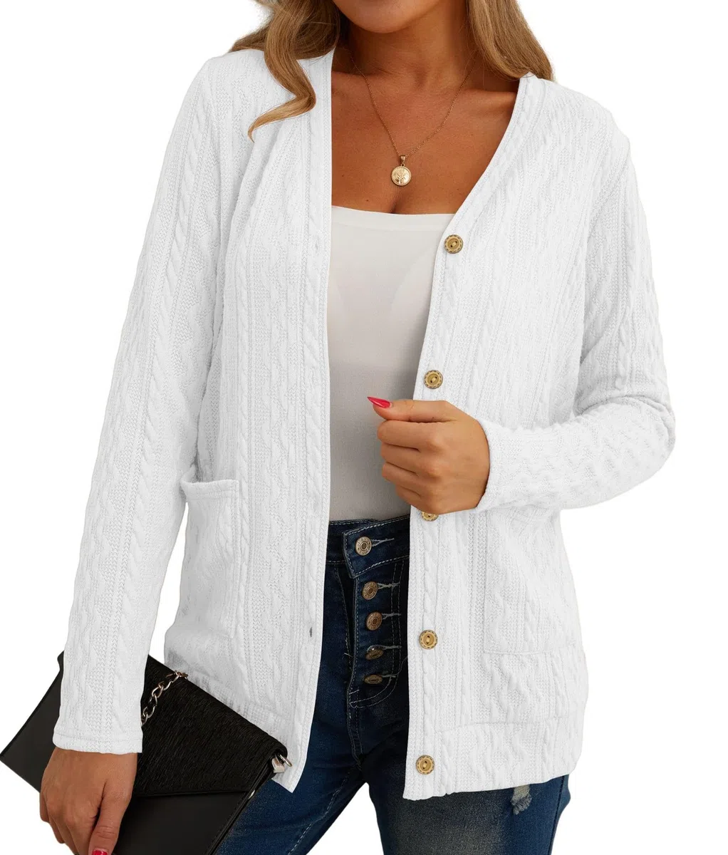 Cardigan Donna Giacca Maglioncino Cotone Donna Leggera Elegante Attorcigliato Casuale Solido Cardigan per l'Autunno con Bottoni, Scollo a V e Pratiche Tasche