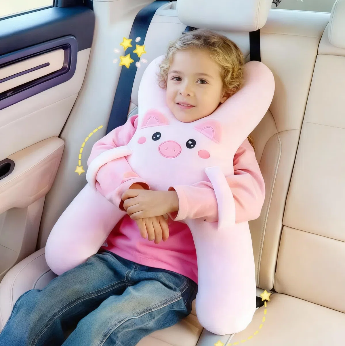 Cuscino a forma di H, per auto, bambini, per bambini, per il sonno, adatto per viaggi, auto, aereo, treno, semovente (rosa)