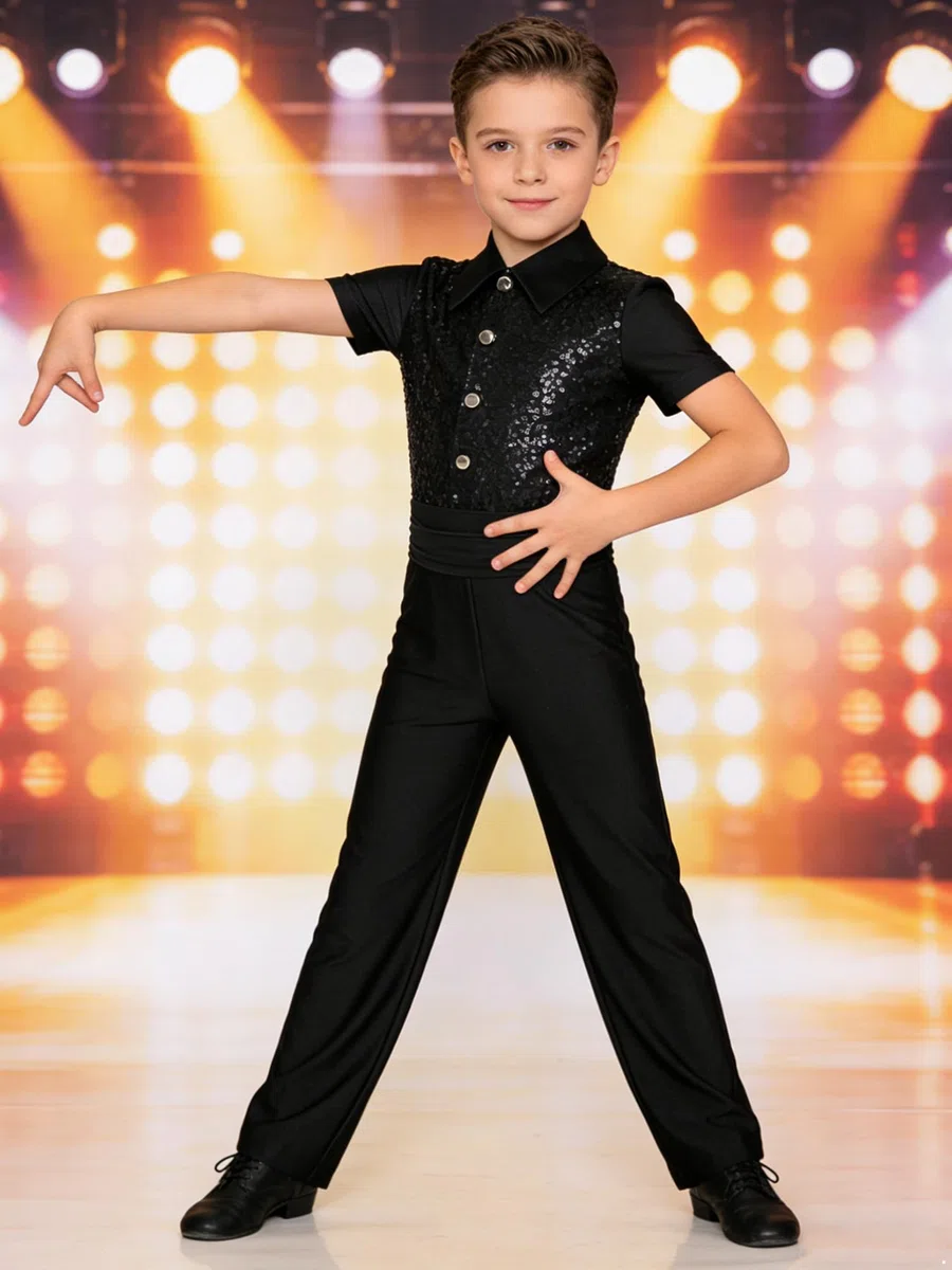 inhzoy Camicia Body Ballo Latino Americano Bambini e Ragazzi Body da Ginnastica Artistica Manica Corta Tuta Intera da Pattinaggio Artistico Jumpsuit con Paillettes Dancewear
