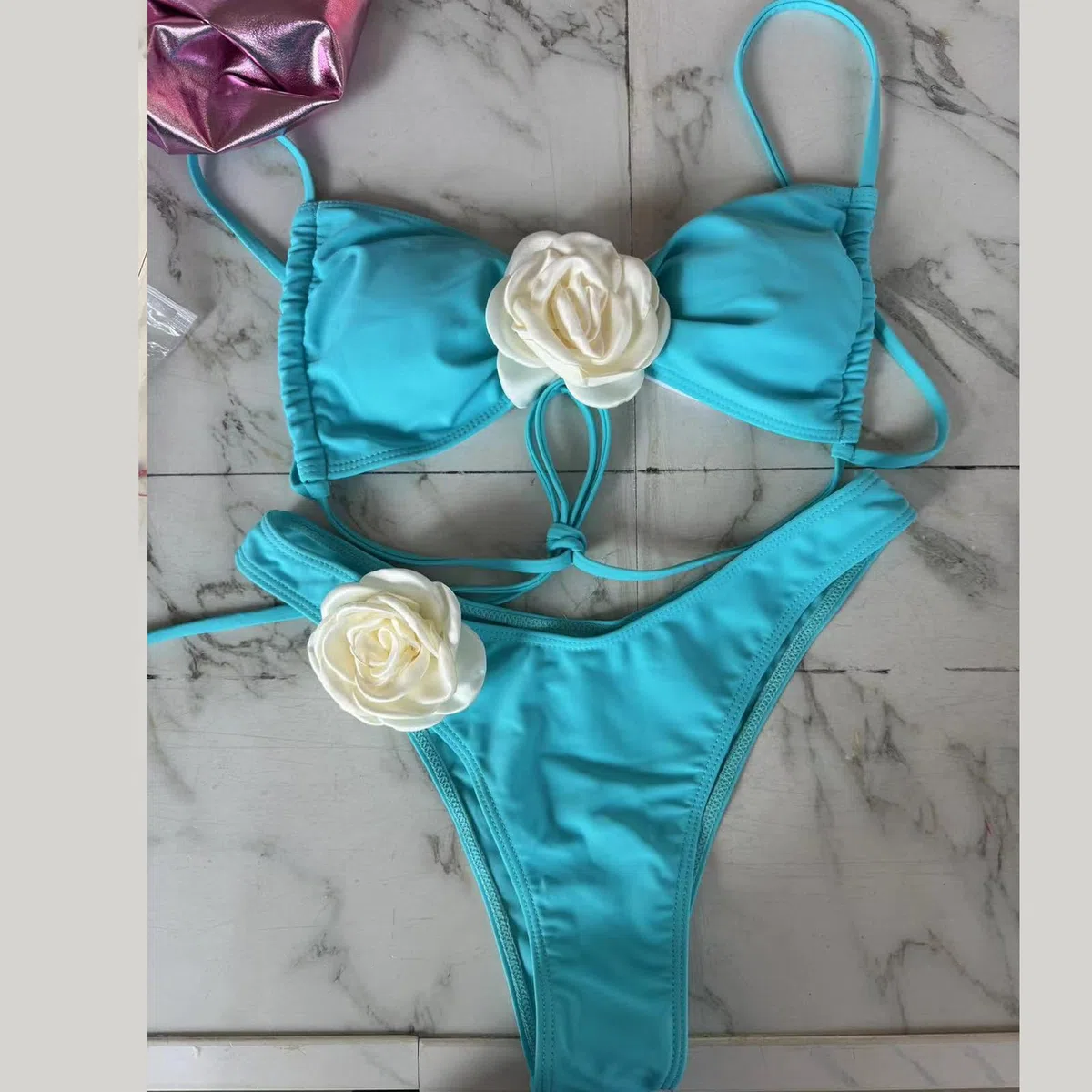 Costumi da bagno da donna a due pezzi con fiori 3D, taglio alto, push-up, costumi da bagno con spacco, per costumi da bagno da spiaggia