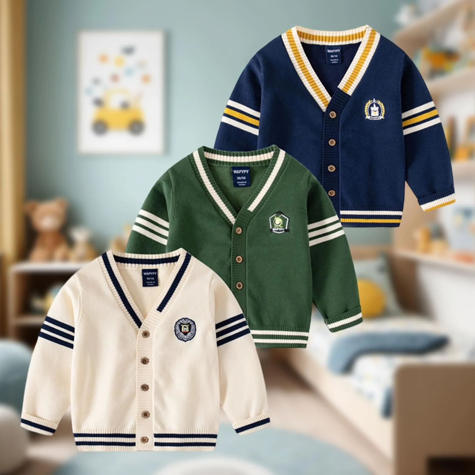 Cardigan per Ragazzo, abbottonatura, Scollo a V, Maglia a Maniche Lunghe, Cappotto Ricamato, Giacca Casual