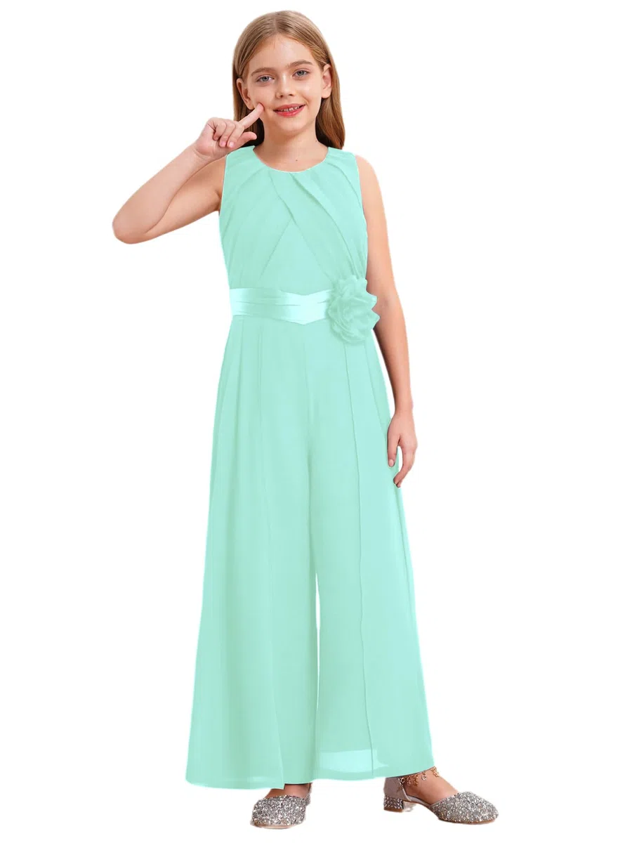 YiZYiF Tuta Elegante Jumpsuit per Bambina Senza Maniche Salopetta in Chiffon con Fiori e Cintura Lunga Overall Per Matrimonio