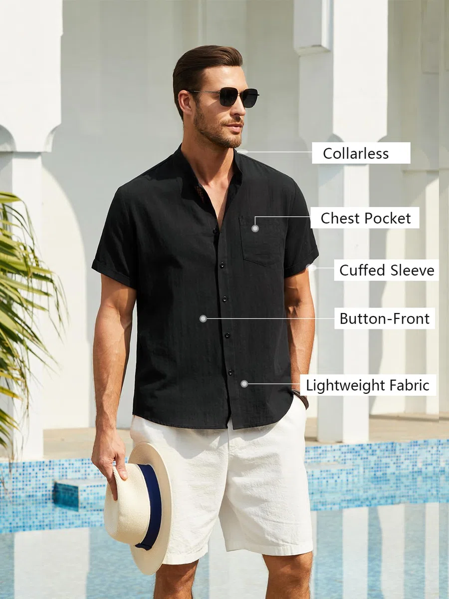 Enlision Uomo Camicia in Lino Manica Corta con Bottoni Casual Cotone Henley Shirt in Tinta Unita Camicia da Uomo per Estiva Beach Spiaggia S-4XL