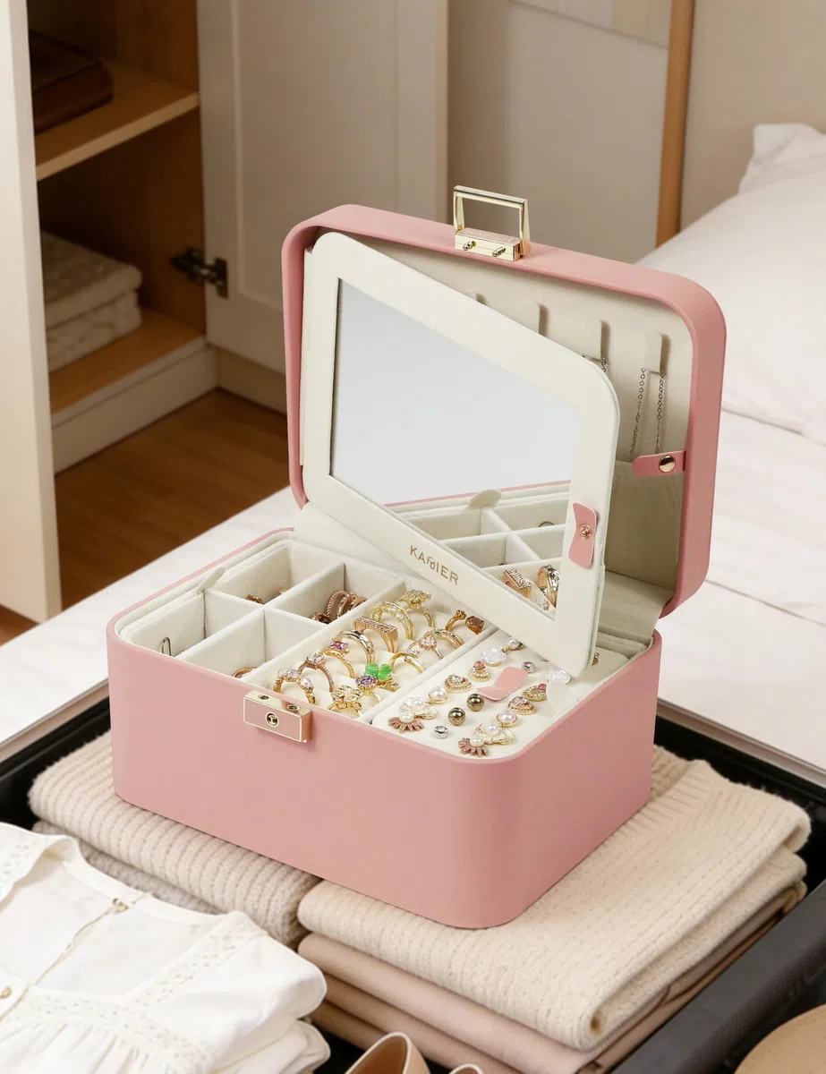 KAMIER Scatole di gioielli per le donne,2 strati PU Leather Travel Jewelry Box,Grande capacità,Doppia serratura e grande specchio,Ganci per collana nascosti,Divisori rimovibili,Confezione regalo