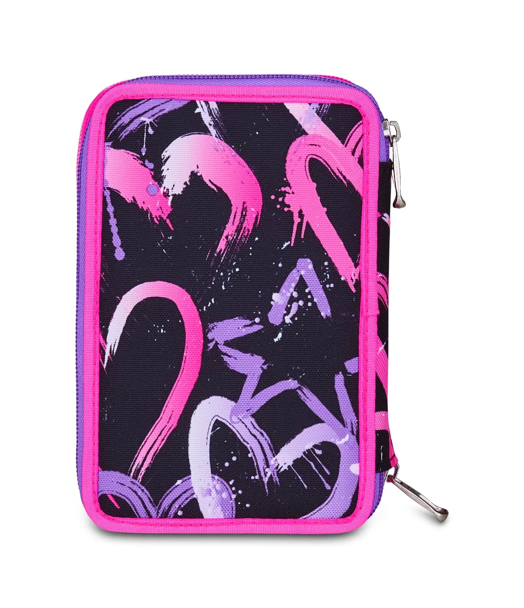 Seven Astuccio Scuola Elementare, 3 scomparti, Medie, con Matite, Pennarelli, Penne, 3 Zip, Lovely Elements, Bambina e Ragazza, rosa/viola