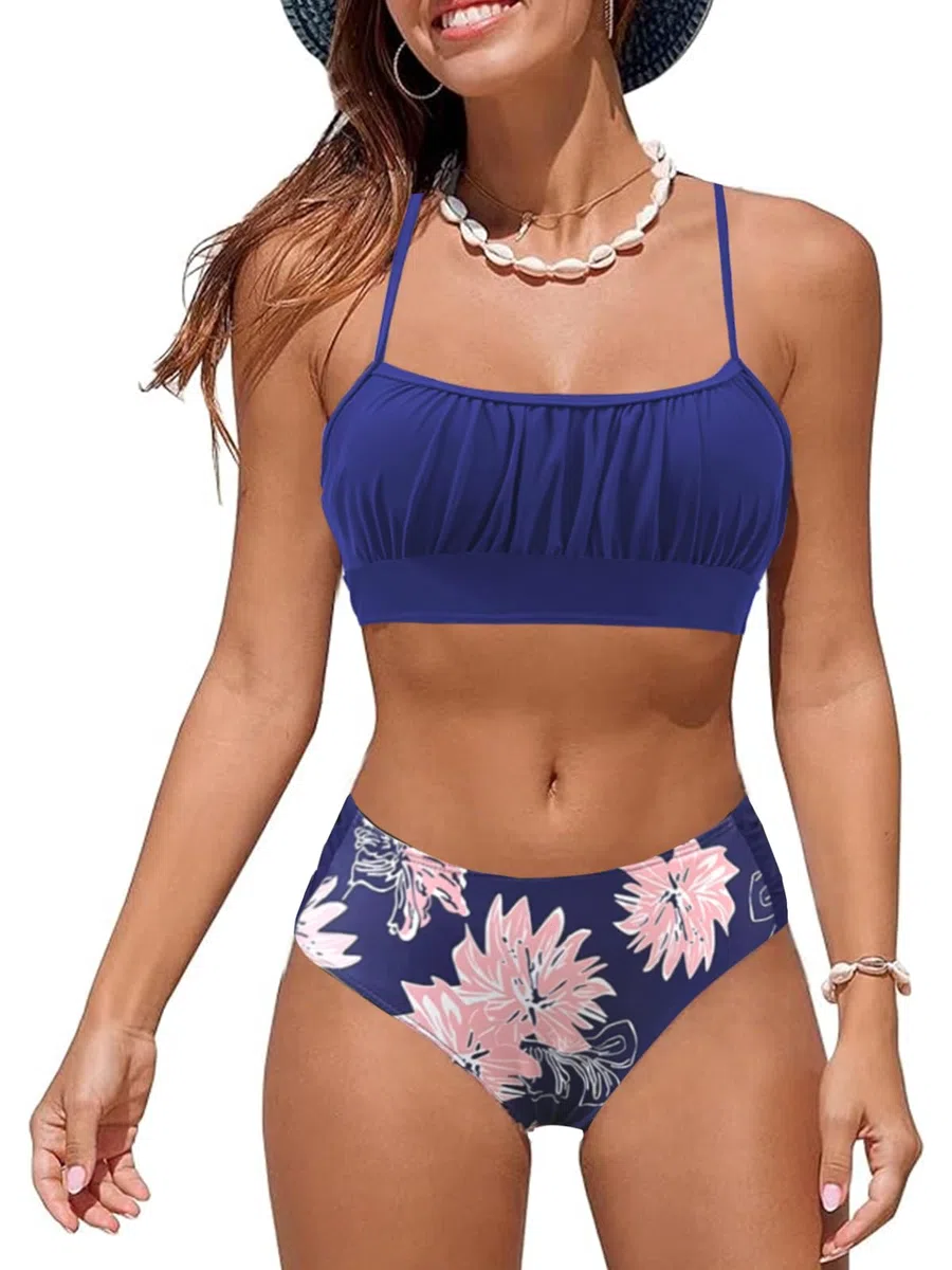 Costumi da Bagno per Donna a Due Pezzi Ruched Bandeau Bikini Set Regolabile Tracolla Costumi Donna Imbottito Push Up Bikini Top Sgambata a Vita Alta Fondo Beachwear Swimwear