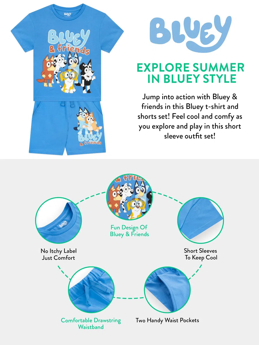 Bluey Vestito Bingo Abbigliamento per Ragazzi | Completo Bambino Estivo | Cotone Pantaloni Corti Ragazzo