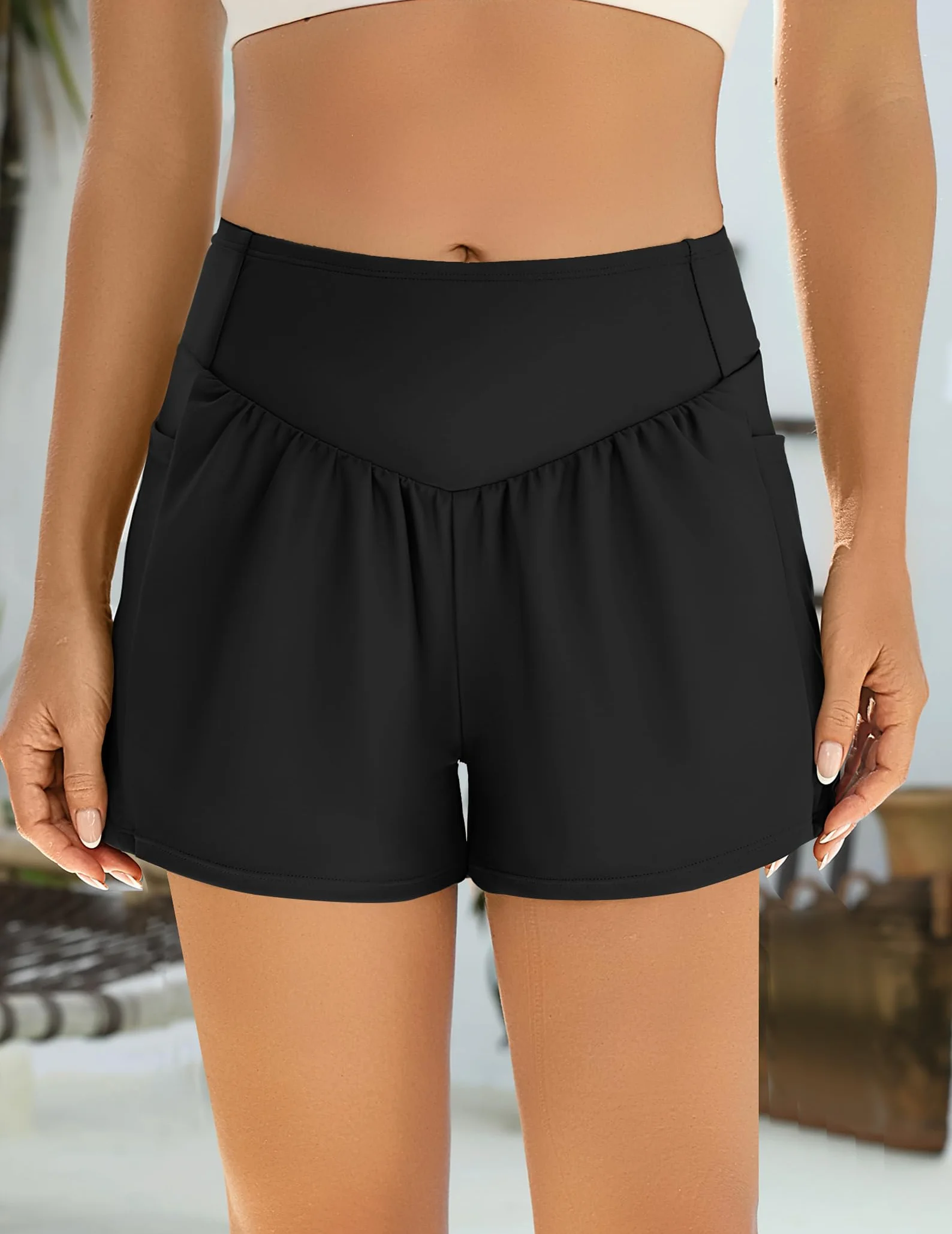 Ekouaer Pantaloncini da Bagno per Donna Estate Costume Vita Alta Pantaloncino Mare con Tasche e Fodera S-XXL