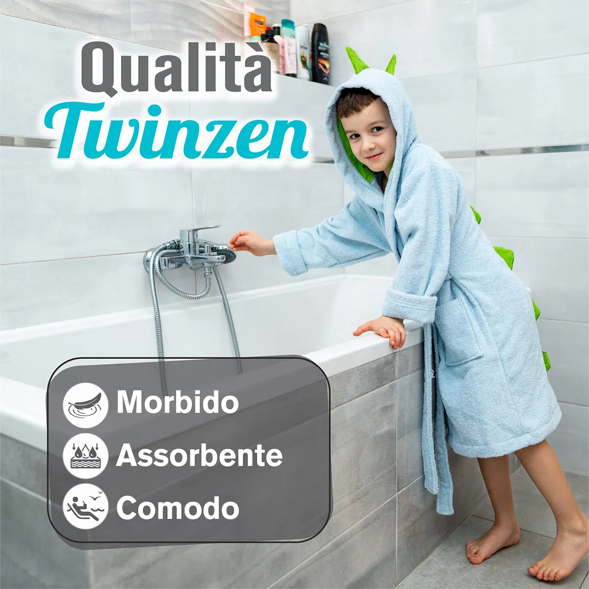 Twinzen - Accappatoio per Bambino e Bambina - Ragazza e Ragazzo - Senza Prodotti Chimici OEKO-TEX® - 100% Cotone - Accappatoio Doccia e Vestaglia Bambini
