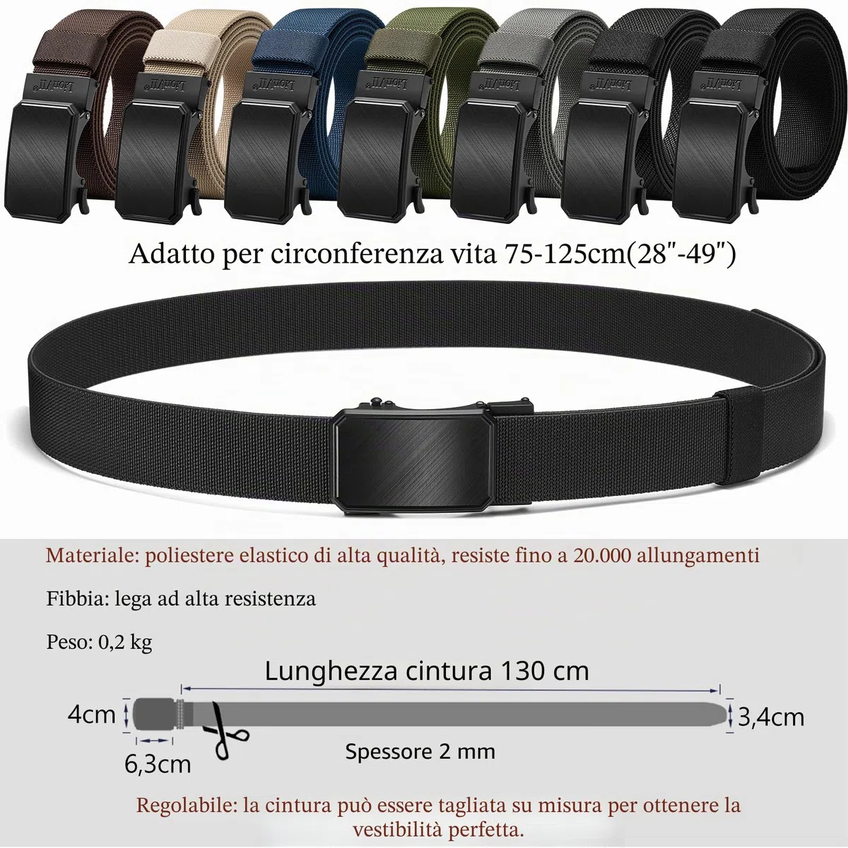 LionVII Cintura elastica a cricchetto con fibbia automatica, cintura da lavoro per uomo per girovita 75-125cm (28-49")