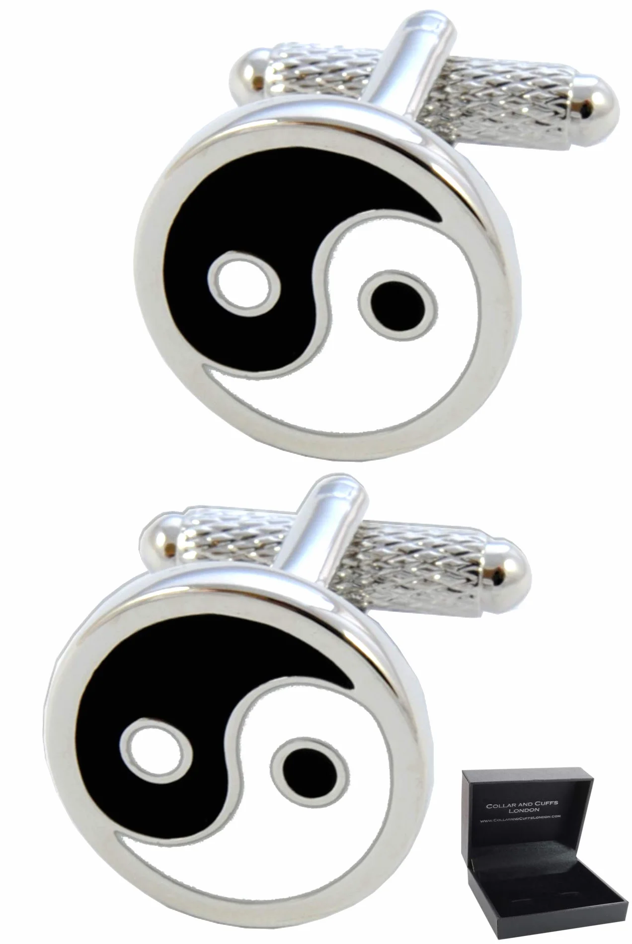 Gemelli Camicia Uomo Nero - Con Scatola - Ottone - Simbolo Yin e Yang - Uguaglianza - Colori Nero Bianco e Argento - Un Paio