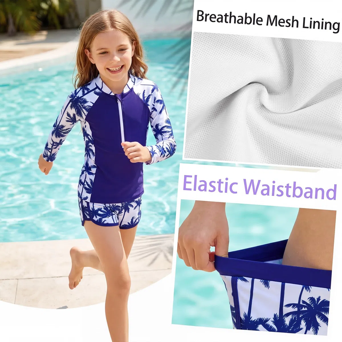 Costume da Bagno Ragazze 2 Pezzi a Manica Lunga con Zip e Pantaloncini Morbidi, Stampa Floreale Rash Guard Protezione Solare Costume Piscina Spiaggia Nuoto per Bambini 5-14 Anni