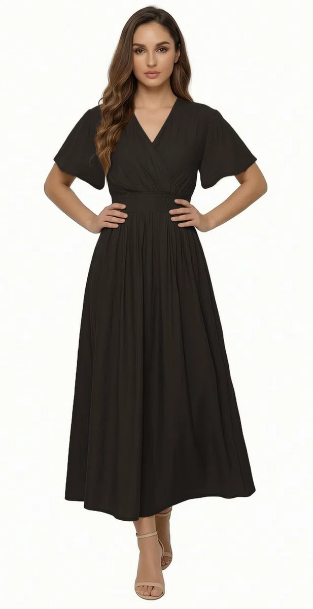 Vestito Donna Estivo Lungo Elegante Casual Tinta Unita Scollo a V Maniche a Volant Vita Elastica Linea A Abito Spiaggia Mare Q131