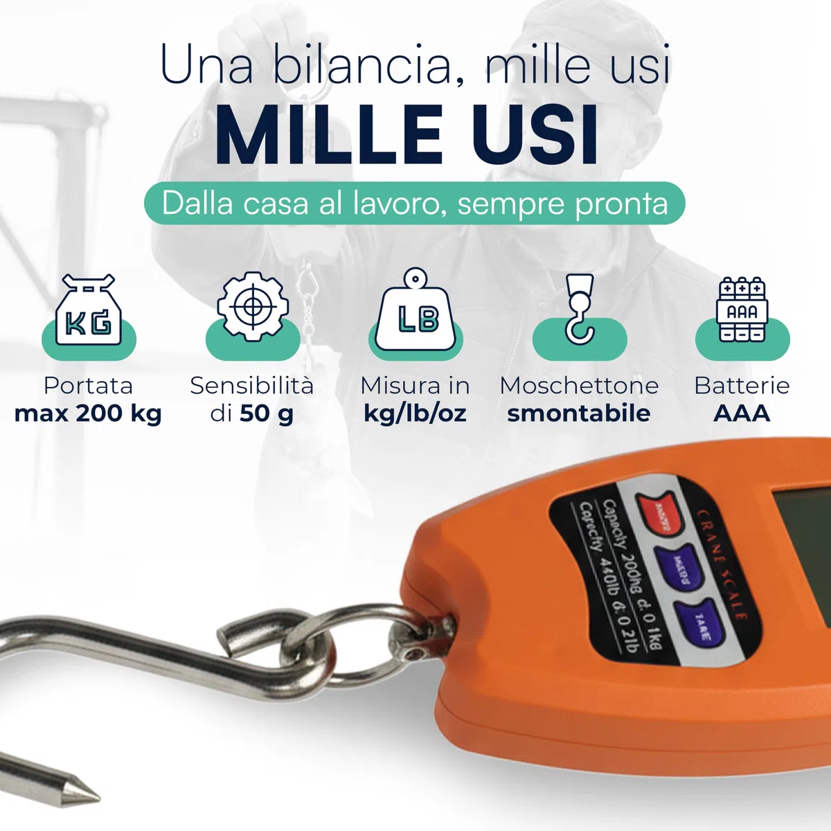 TEMPO DI SALDI Bilancia con Gancio Professionale Dinamometrica Max 200 Kg con Schermo Retroilluminato, Bilancia Digitale Pesa Valigia da Viaggio Portatile