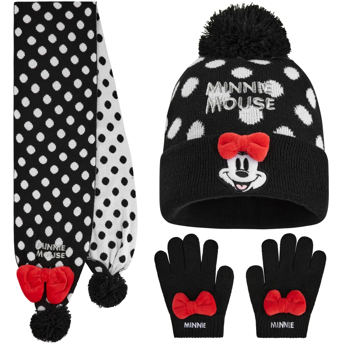 Disney Minnie Mouse Berretto, Sciarpa e Guanti Bambina, 3 Pz Maglia a Pois Accessori Invernali, Regalo Ragazza