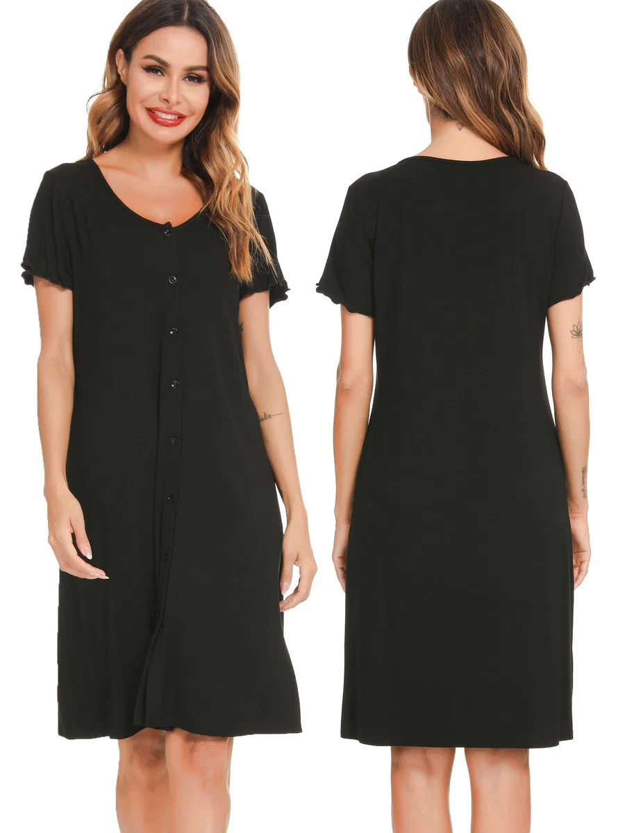 Lovasy Camicia da Notte Donna Manica Corta Sexy Abito da Notte Estiva con Bottoni Un Pezzo Pigiama Curvy Premaman Allattamento con Tasche