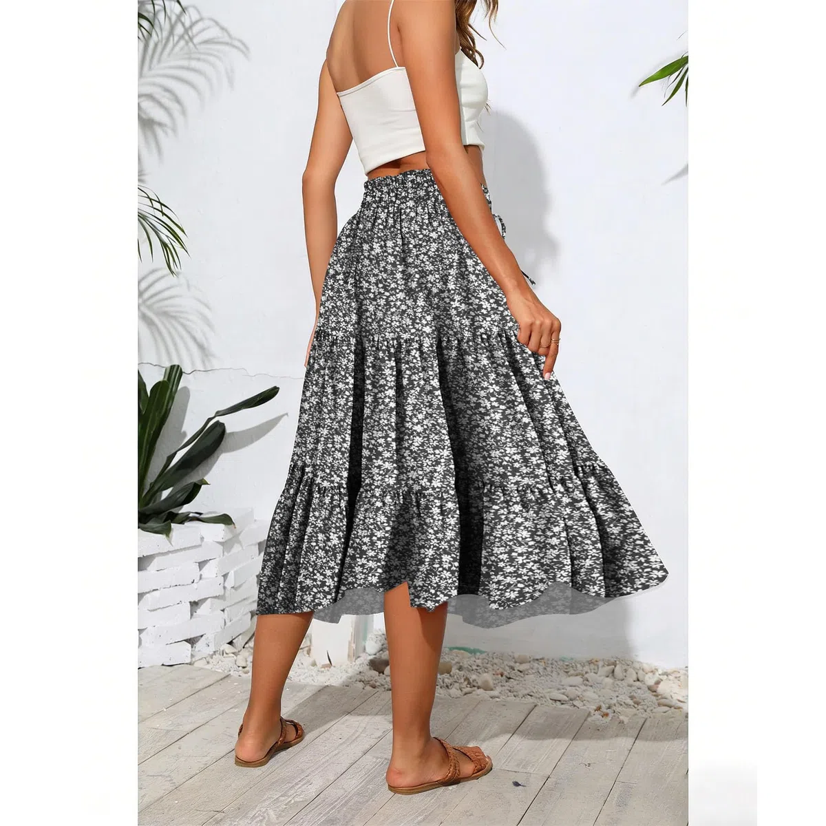 Gonna Midi Elegante a Fiori da Donna Gonne Estive a Vita Alta con Linea ad A Gonna da Spiaggia Gonne Casual in Tinta Unita