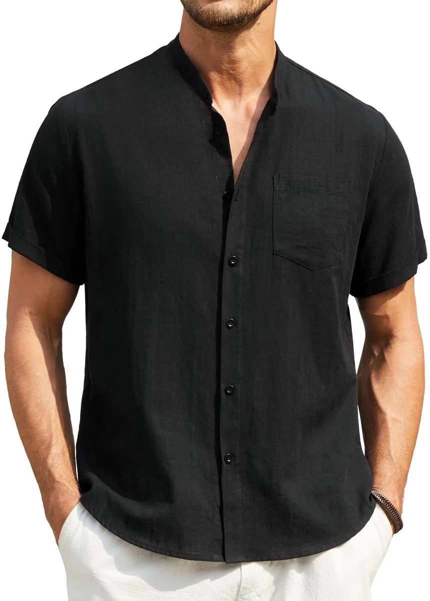 Enlision Uomo Camicia in Lino Manica Corta con Bottoni Casual Cotone Henley Shirt in Tinta Unita Camicia da Uomo per Estiva Beach Spiaggia S-4XL