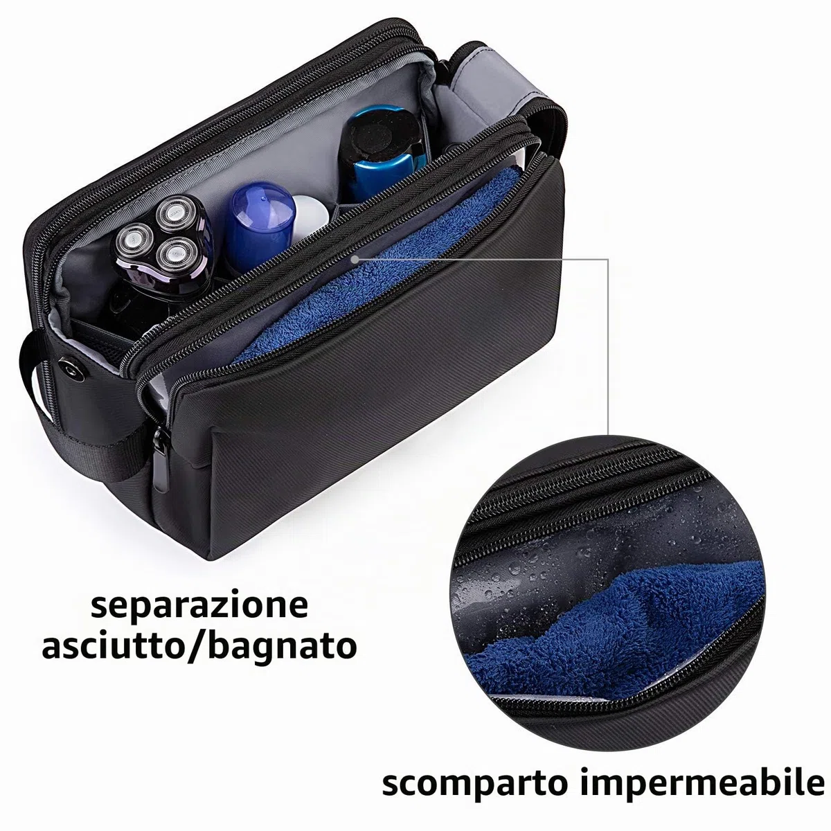 BAGSMART Beauty Case da Viaggio Uomo Donna, Borsa da Toilette con Doppia Apertura A Cerniera, Borsa per Cosmetici, 5 L, Pellicola in Pelle Nera