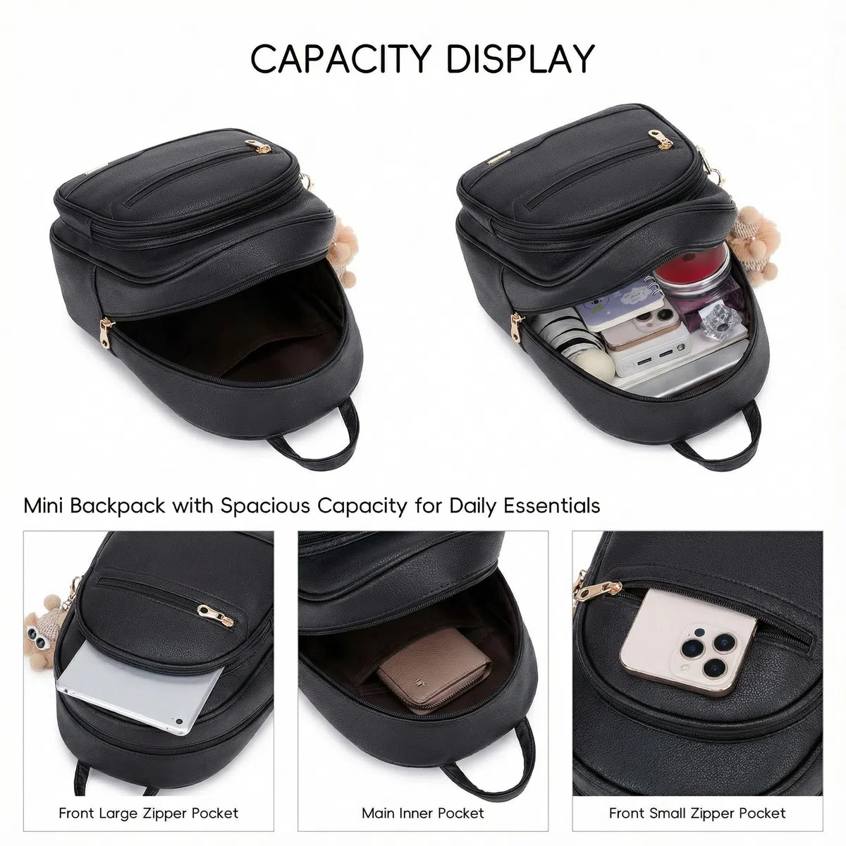 BAGOK Zainetto Mini Donna – Elegante zaino piccolo in similpelle strutturata con logo discreto, zip dorata, motivo trapuntato e ciondolo peluche – Perfetto per scuola, viaggio e uso quotidiano
