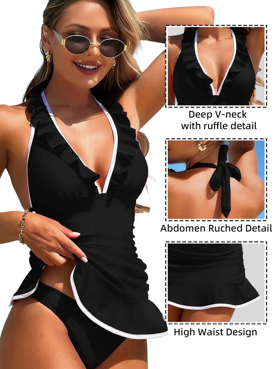 JFAN Tankini Donna Mare Curvy Costume da Bagno Due Pezzi Scollo V e Volant Tankini Gonna con Slip da Bagno