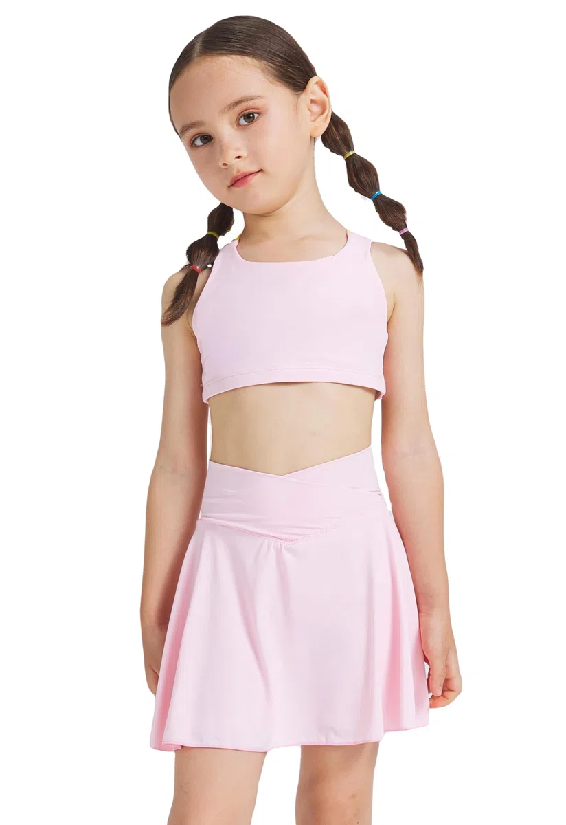 Set di 2 pezzi da allenamento per ragazze, set di reggiseni e gonne con tasche e pantaloncini