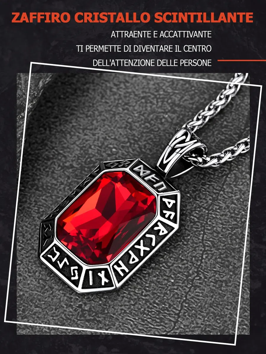 FaithHeart Collana Uomo Vichingo Pendentivo in Ottagono Cristallo Rosso Smeraldo Ossidiana con Rune Vichinghe Accessorio Moda Unico Perfetto per Regalo Stile Personale
