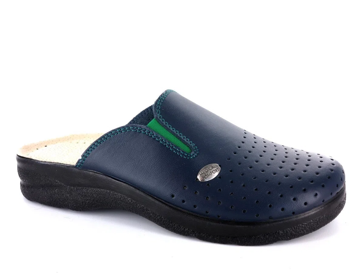 Medical Comfort 701 Ciabatte sanitarie Anatomiche Uomo in Vera Pelle con Elastico Blu e Bianche Antiscivolo.