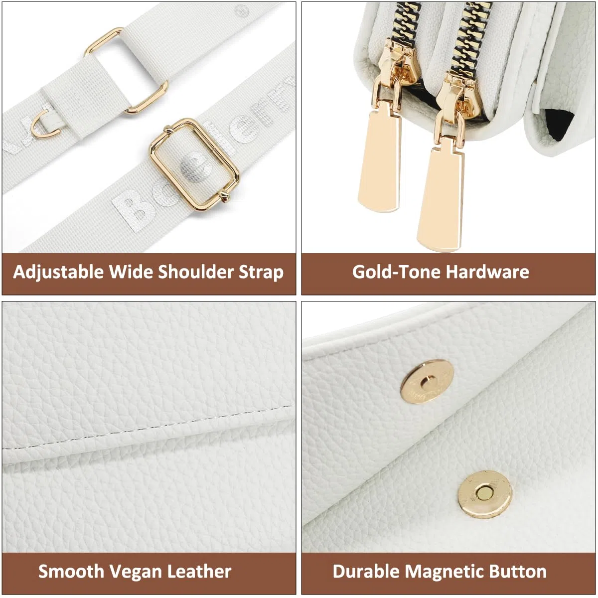 HNOOM Borse a Tracolla per Cellulare Portafoglio Donna Doppia Cerniera Lunga in Pelle PU Grande Capacità Mini Borsa Tracolla Donna con Portamonete e Tracolla Porta Cellulare (Bianco)