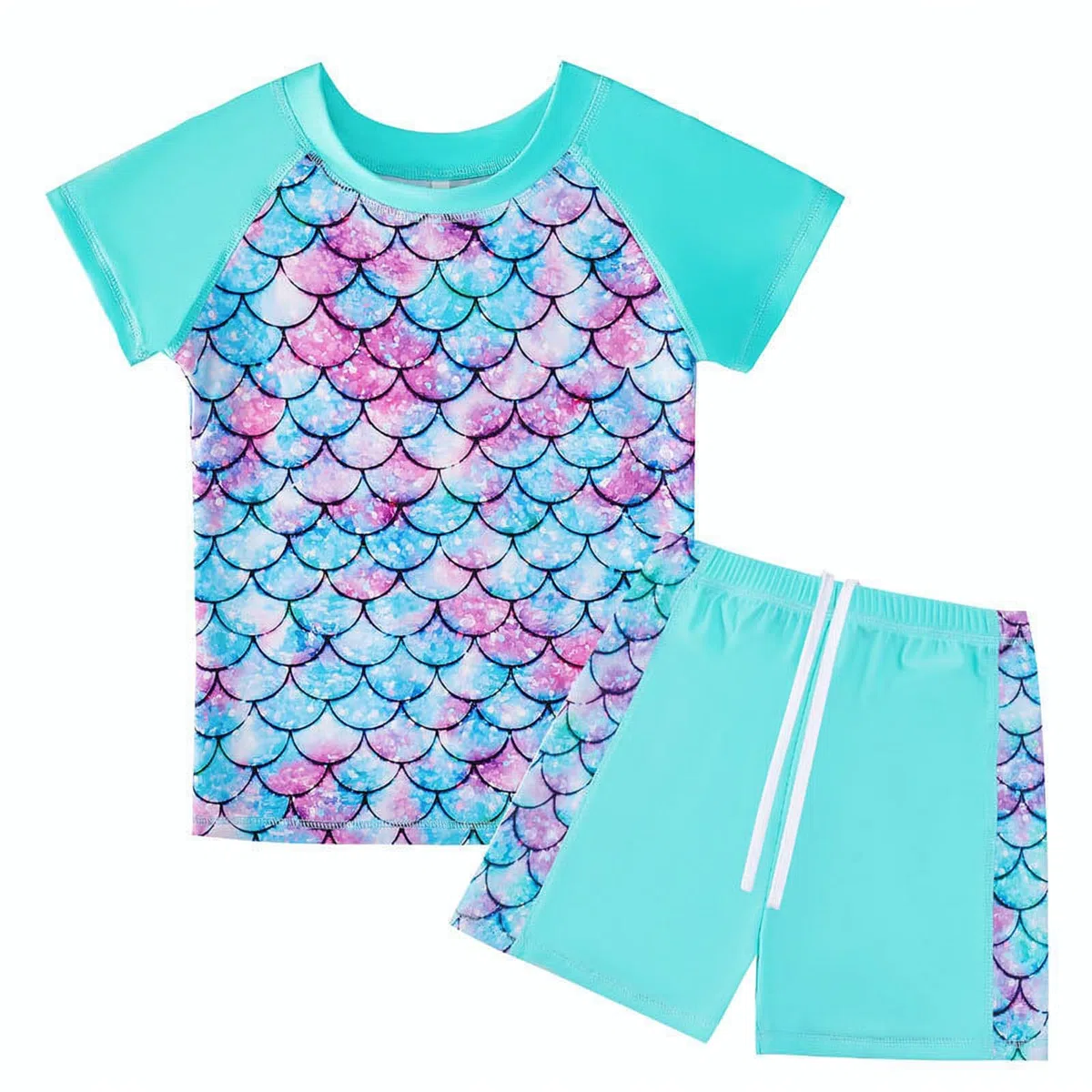 WYTbaby Costume da Bagno Ragazze Sirena Manica CorteCostume Piscina Bambina Anti-UV UPF 50+ Set per Spiaggia,Piscina Rash Guard per Bambina 4-9 Anni