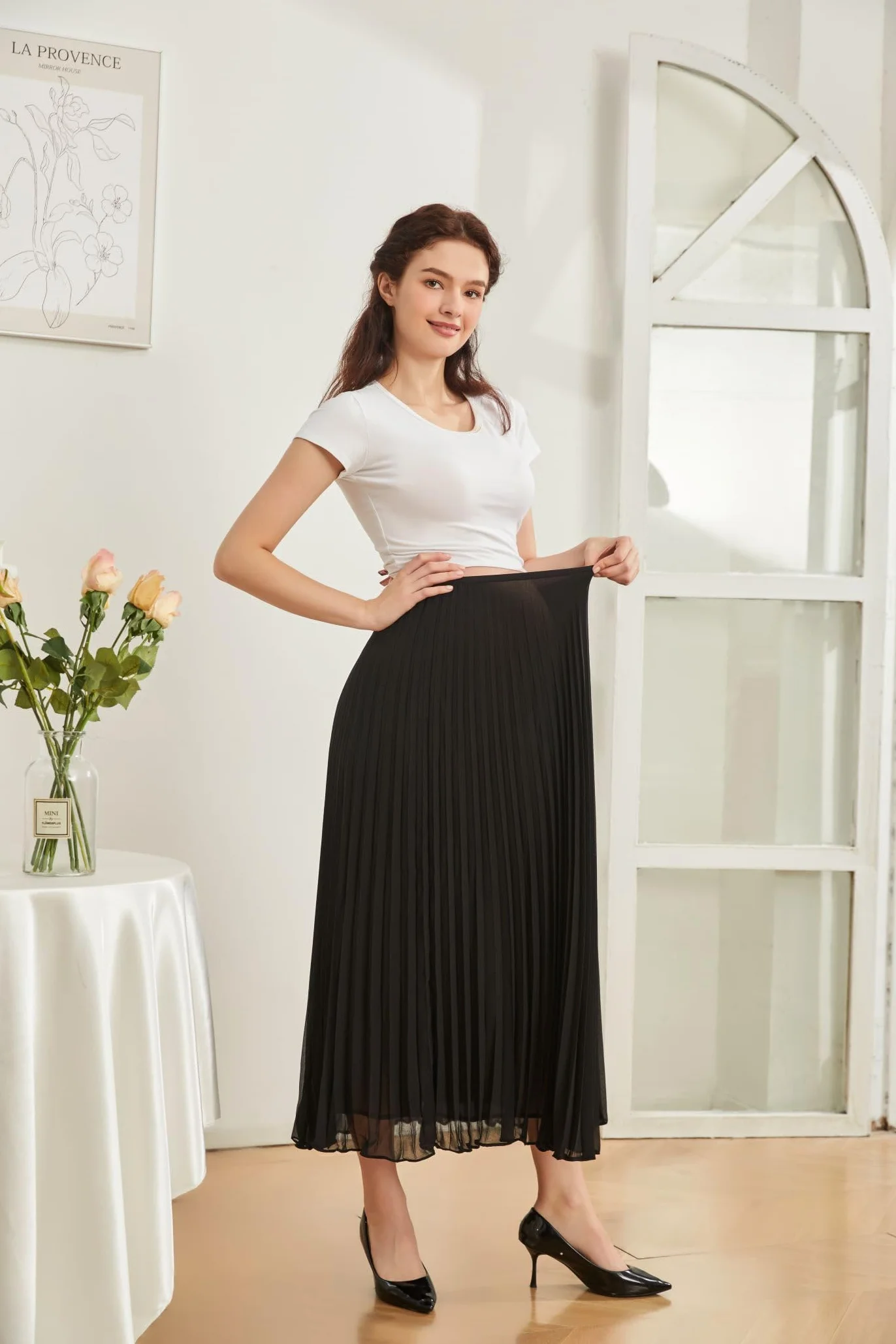 Gonna Premaman Gravidanza da Donna Plissettata Elastica a Vita Alta, sopra la Pancia, A Linea maternità in Chiffon