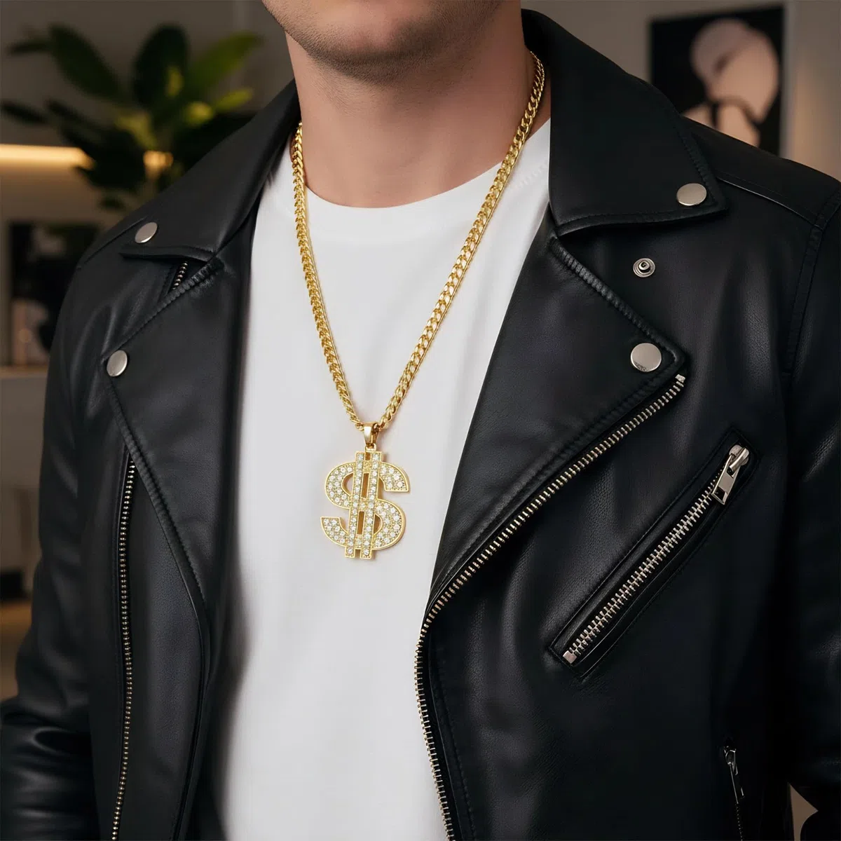 Kit Costume Hip Hop, Collane Segno Dollaro Con Anello Aperto, Anello Con Segno Dollaro, Catena Con Strass, Dollaro Zeichen Halskette Ring Set, Accessori Tema Festa Für Männer Frauen