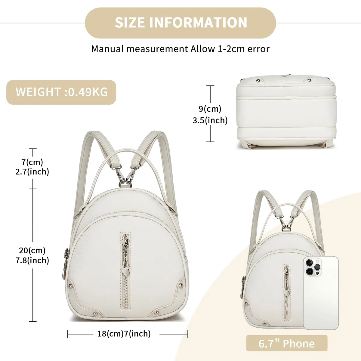 Miss Lulu Zaino Donna in Pelle PU Impermeabile, Zaino da Viaggio Piccolo e Leggero con Cinturino Rimovibile, 4 Tasche con Zip