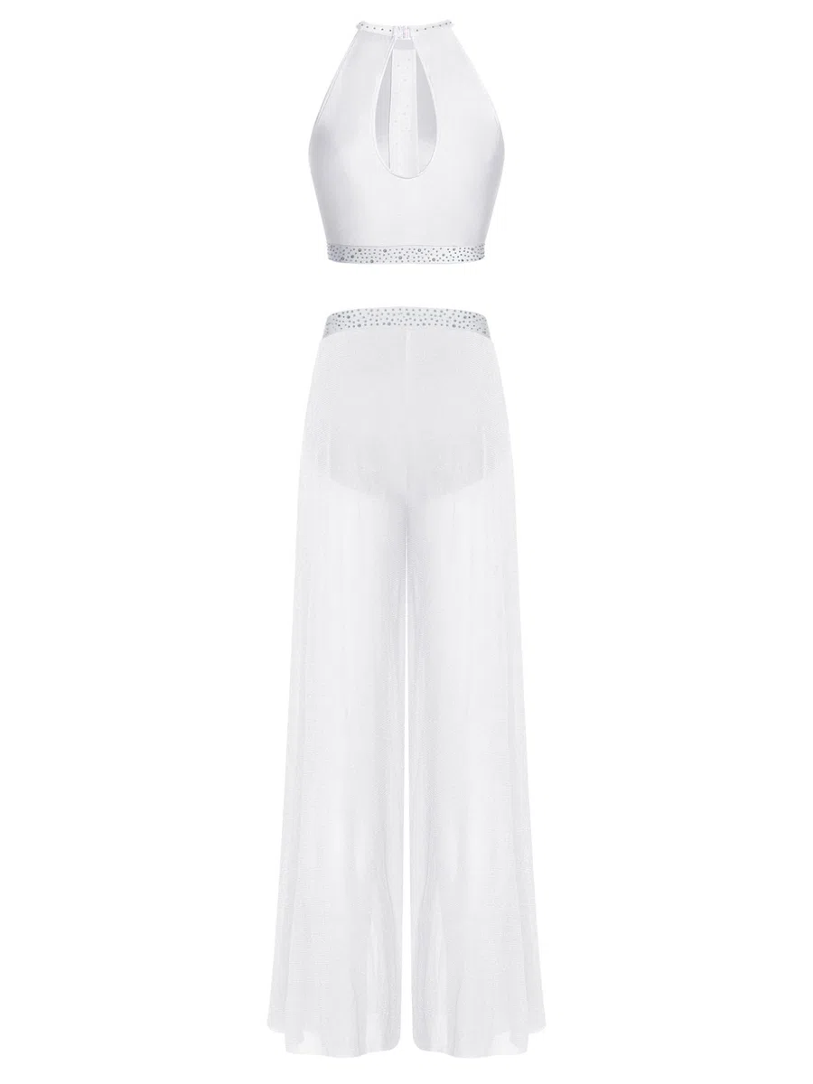 Freebily Donna Abito da Ballo Lirico Contemporaneo Maxi Vestito da Pattinaggio Artistico Completo da Danza Moderna Jazz Crop Top Canotta + Pantaloni Larghi Dancewear