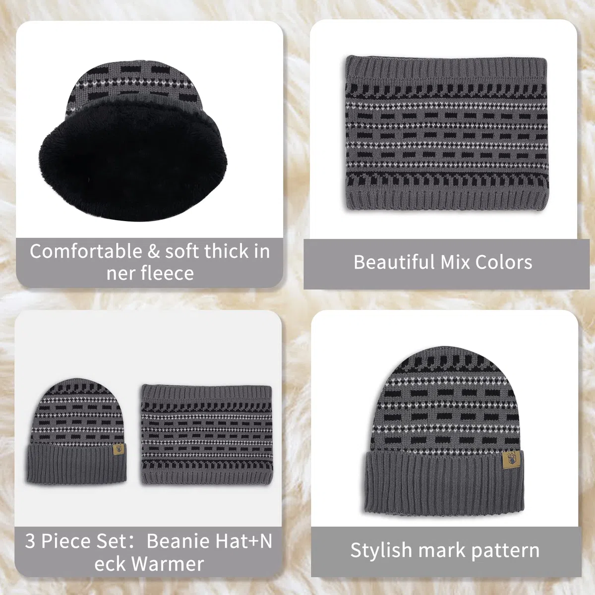Cappello Sciarpa e Guanti Touch Screen Set per Uomo Berretto Invernale Guanti Termici e Scaldacollo con Fodera in Pile per Uomo