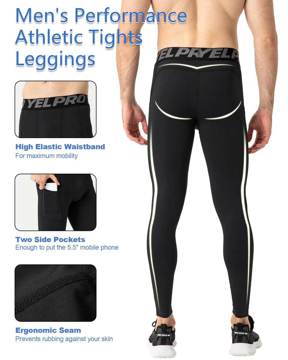 Yuerlian Leggings a compressione da uomo, leggings da corsa, pantaloni da palestra con tasche, freschi e asciutti, per allenamento, sport, palestra, yoga, calcio, ciclismo